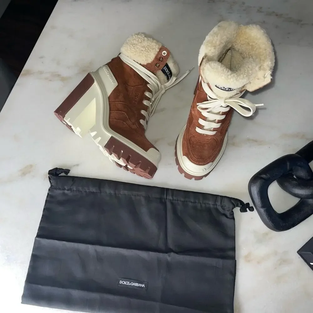 New Dolce & Gabbana Trekking Shearling Biker Ankle Boots in Burnt Brown/Neutral - Picture 10 of 12
